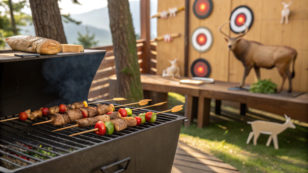 A bbq with skewers with arrows in the background